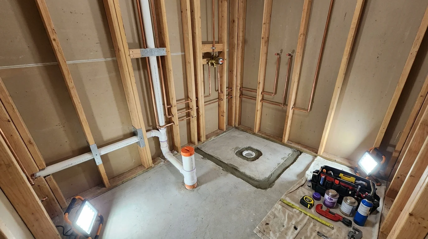 Bathroom rough-in plumbing during remodel by Johns Plumbing LLC in Gilcrest