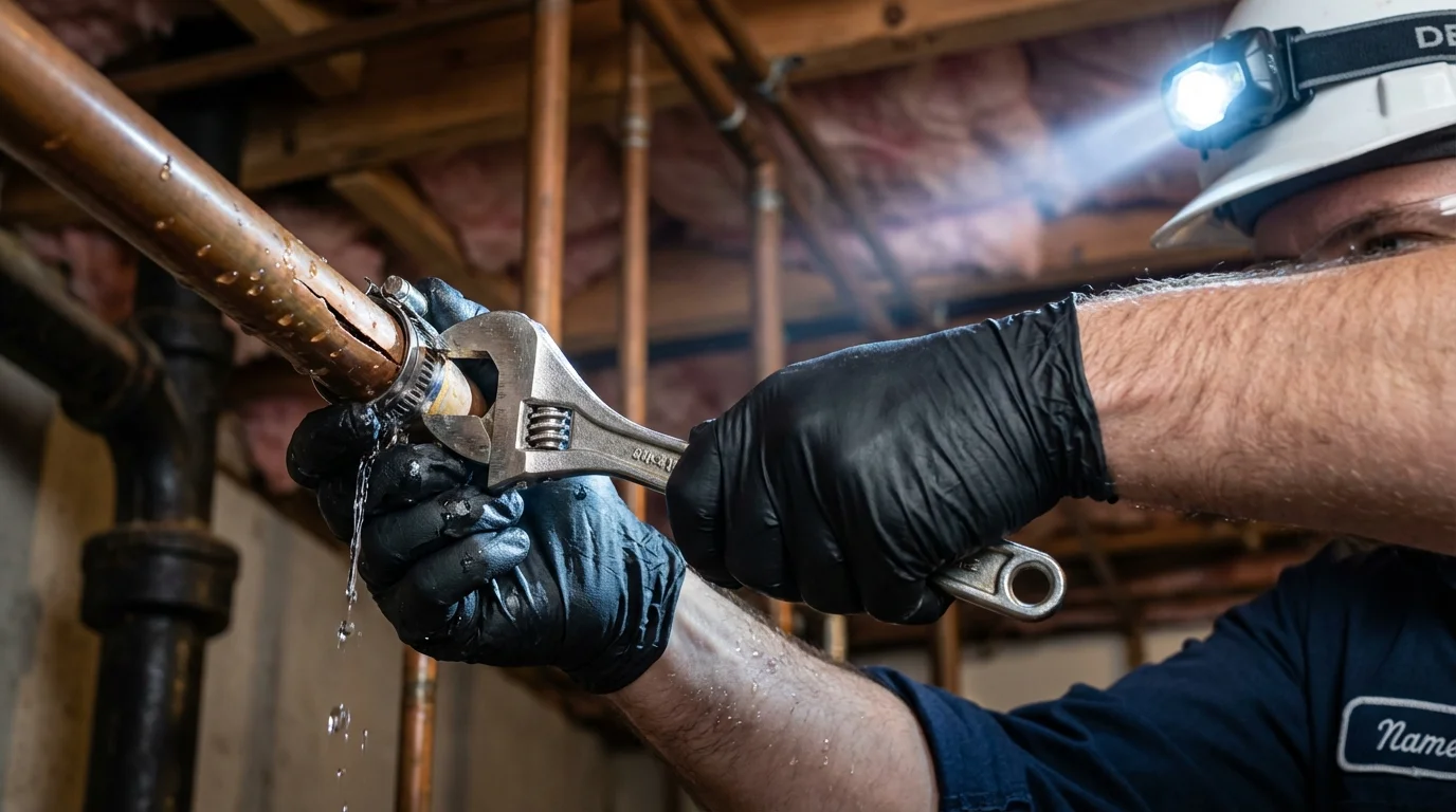 Emergency pipe clamp repair being performed by a Johns Plumbing LLC plumber in Gilcrest