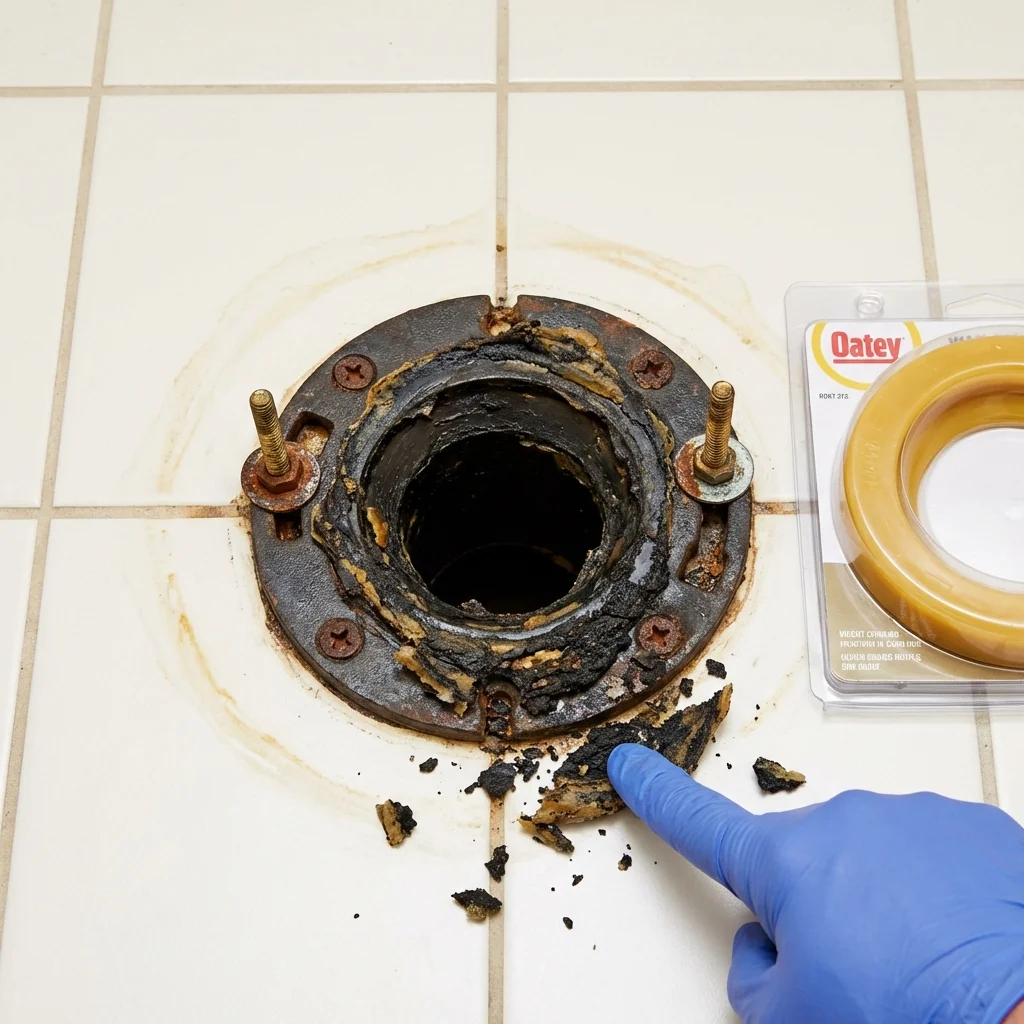 Failed wax ring showing water seepage at the base of a toilet in a Gilcrest, CO home