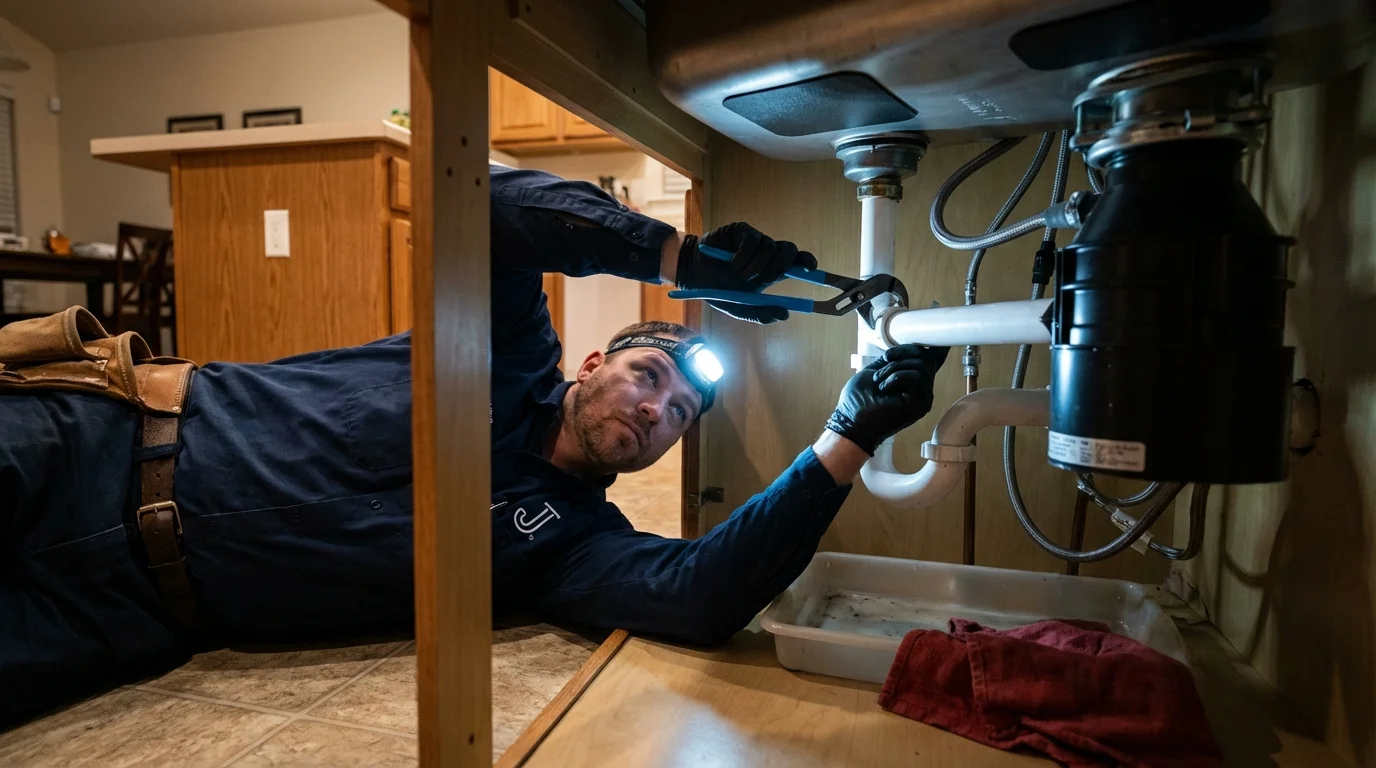 P-trap and supply line connections under a kitchen sink showing a common leak point in Gilcrest, CO